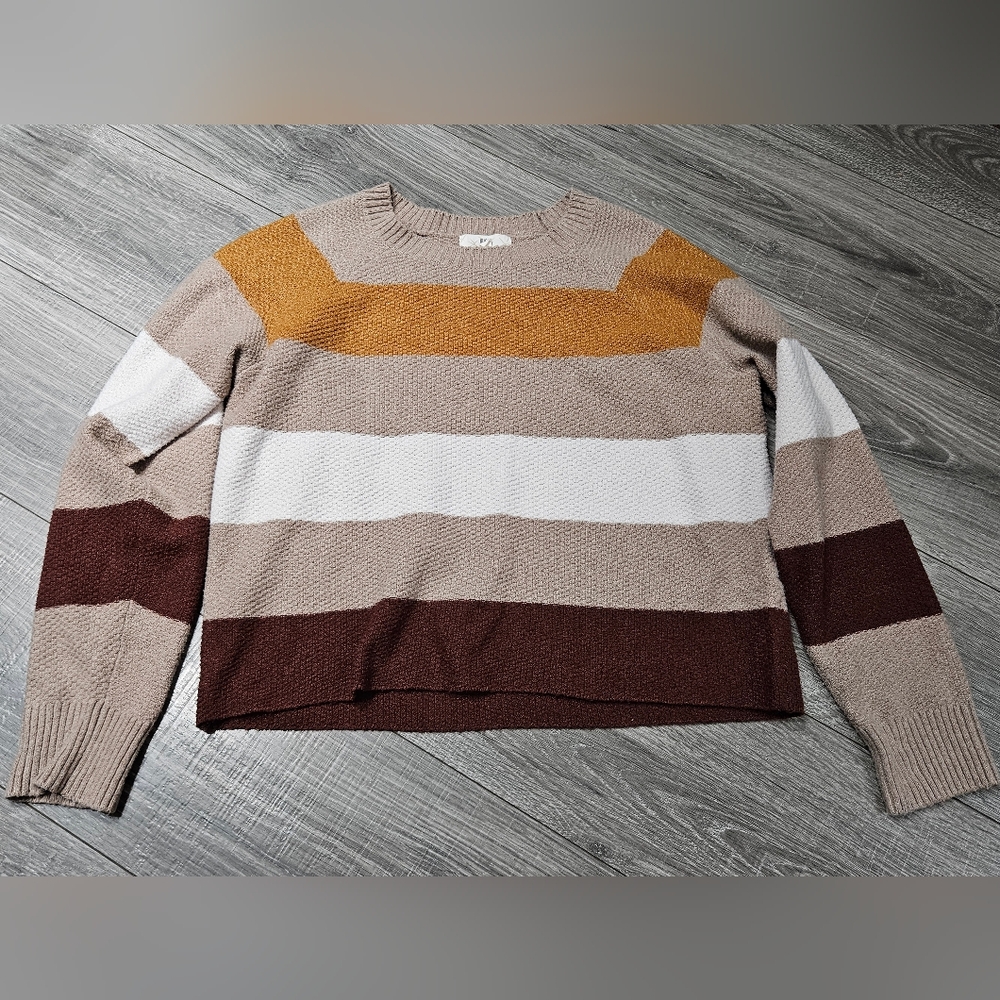 Pinque Striped Brown Tan crew neck Comfy Fall sweater Medium